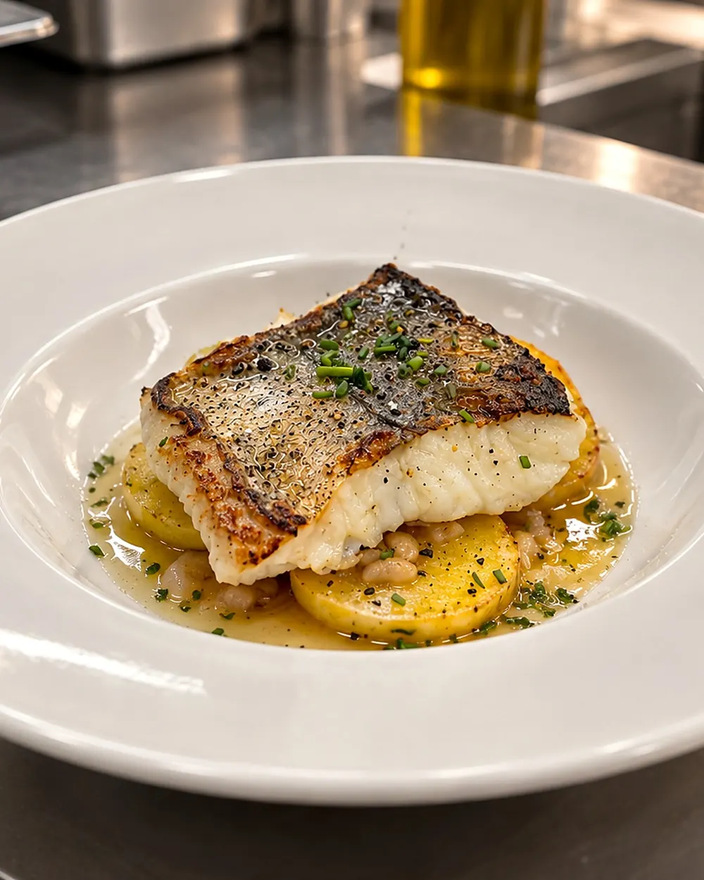 Fish with potato and herb oil
