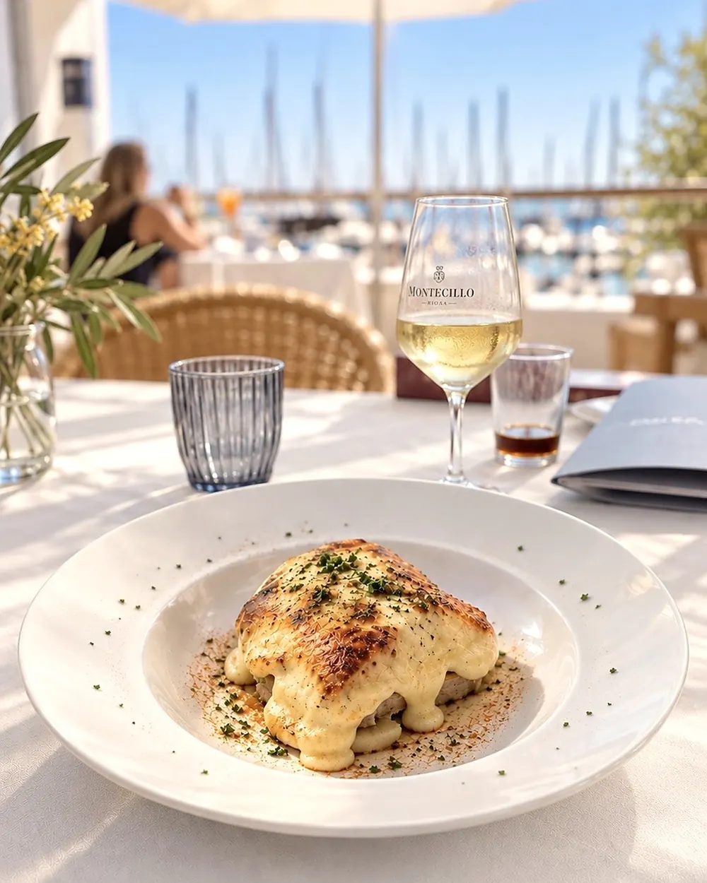 A dish on the terrace overlooking the marina