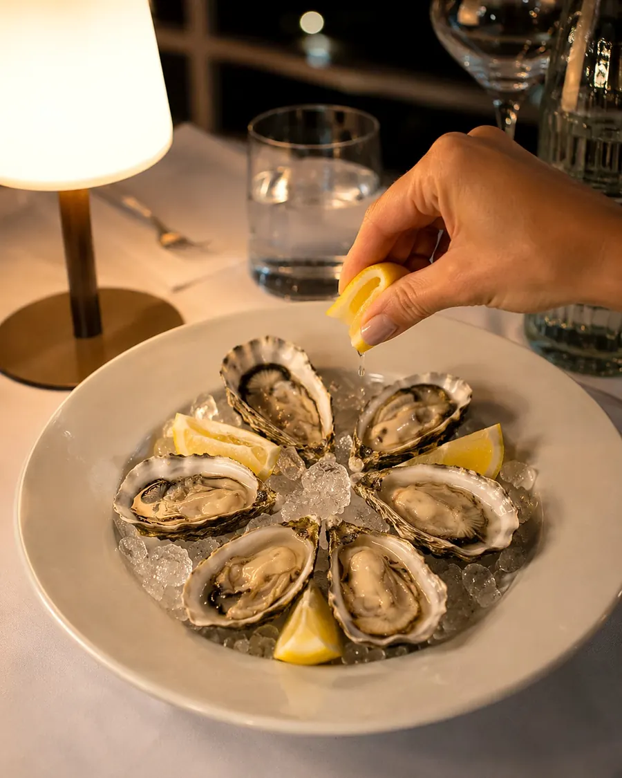 Oysters with lemon on ice