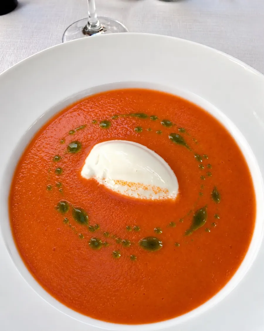 Tomato soup with mascarpone and basil oil